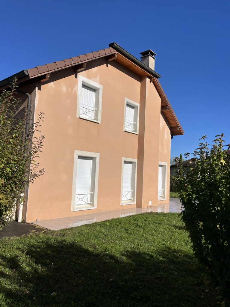 Nettoyage de façade : retrait des traces vertes sur une maison enduite à Lyon